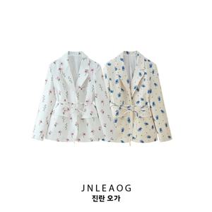 봄 신상 여성 수트 자켓 프린트 스탠드 칼라 벨트 투톤 폴리에스터 섬유 캐주얼 긴소매 코트