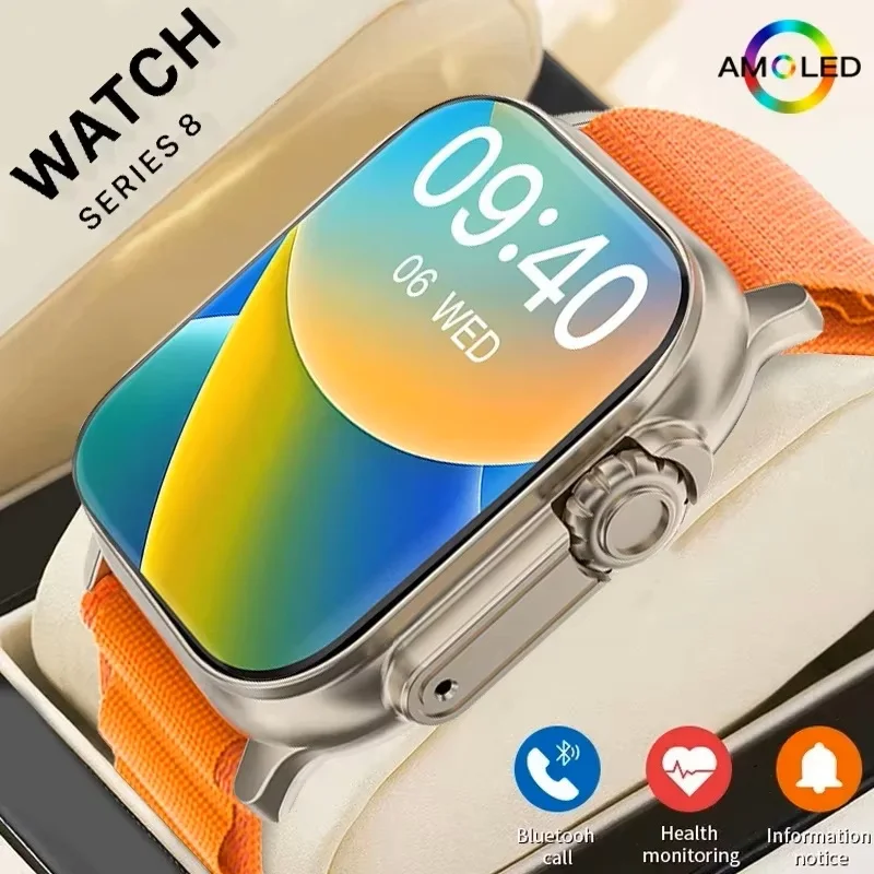 새로운 스마트워치 남성용 49mm 시리즈 8 2.3인치 AMOLED 스크린 NFC 나침반 방수 애플워치 IWO 울트라 8 스마트워치 2025 안드로이드