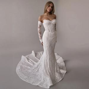기품 있는 인어 스타일 민소매 웨딩 드레스 우아한 오간자 맞춤형 웨딩 드레스 꿈같은 레이스 아플리케 웨딩 드레스