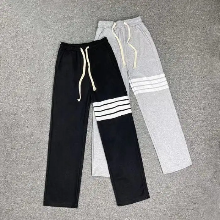 남성용 그레이 스포츠 팬츠, 네 줄무늬 스트레이트 레그 캐주얼 트라우저, 트렌디 브랜드, 멋스러운 헤비웨이트 가을 봄 레저 팬츠
