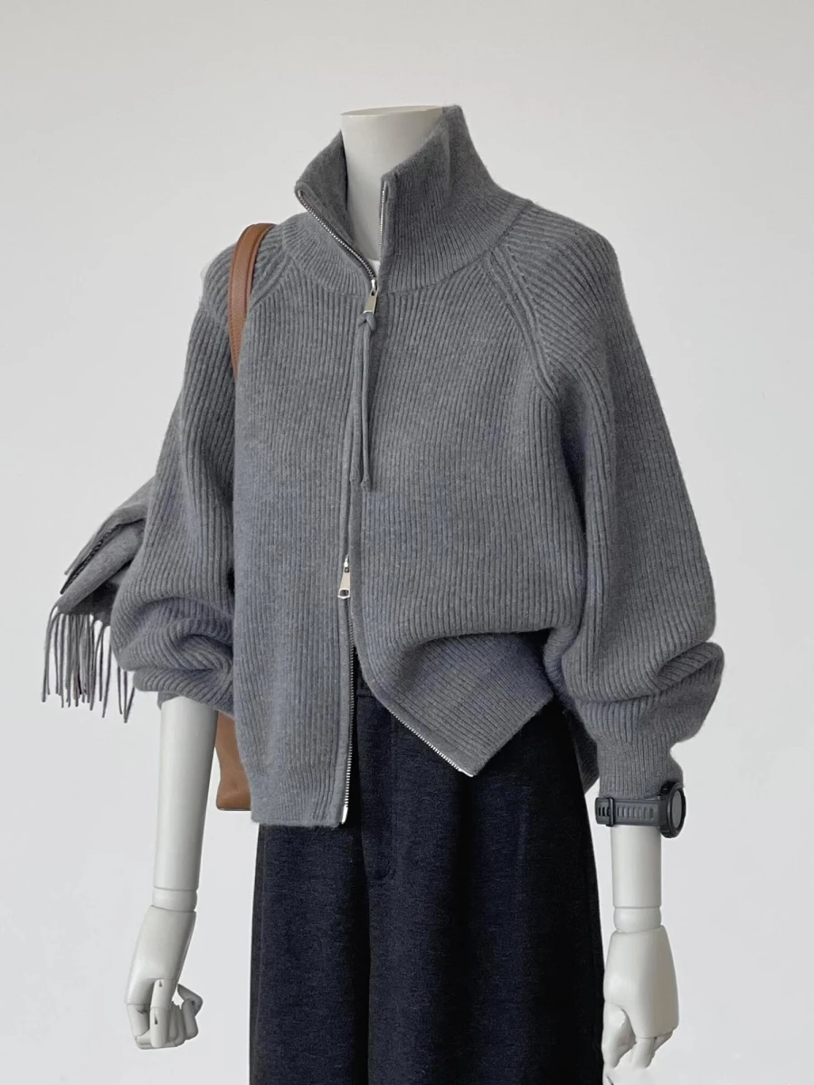 그레이 하이 칼라 니트 오픈 가디건 여성용 루즈핏 레이지 스타일 스웨터 자켓 두꺼운 가을 겨울 신상품