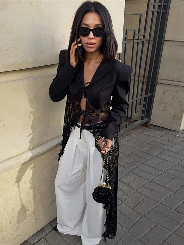 클리우 메쉬 패치워크 롱 코트 여성 가을 트렌드 레이스업 가디건 긴 소매 하이 스트리트 스타일 섹시 패션 우아한 재킷