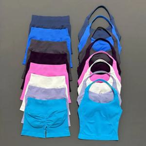 2피스 요가 세트 여성 백리스 홀터탑 하이웨이스트 심리스 쇼츠 짐 슈트 피트니스 스포츠웨어 운동복 세트