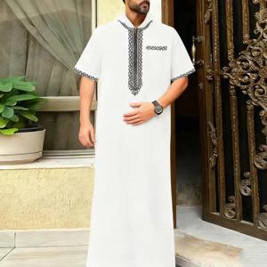 2025 캐주얼 루즈핏 무슬림 남성 카프탄 반팔 자수 후드 지퍼 이슬람 전통 스타일 의류