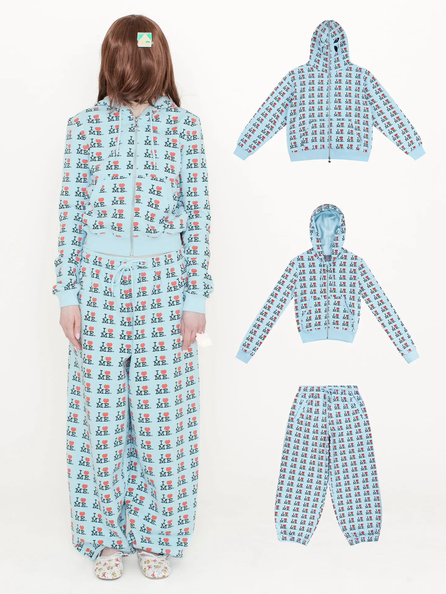 블루 애슐리 ILOVEME 프린트 스웨트셔츠 재킷 나비 자수 속이 비치는 모자 슬림핏 숄더 여성 패션 겨울 코트