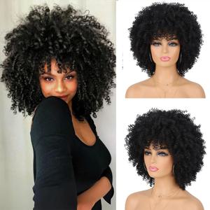 합성 아프로 짧은 곱슬 가발(뱅 포함) 12인치, 흑인 여성용, 자연스러운 무접착, 내열성, 데일리 파티용