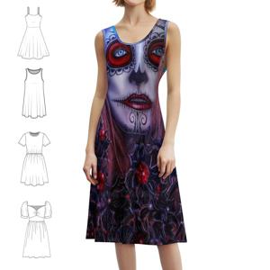 화려한 죽은 자의 날 그래픽 프린트 빈티지 보헤미안 드레스 퍼프 소매 또는 민소매 옵션 여성용 드레스 디아 데 로스