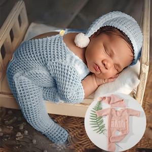 Ylsteed 신생아 사진 소품 아기 바디수트 의상 촬영 신생아 사진 의상 버튼 포켓 롬퍼와 폼 슬리피 햇-HD