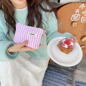 귀여운 소형 화장품 가방 미니 캔버스 스트라이프 여성용 립스틱 메이크업 가방 지갑