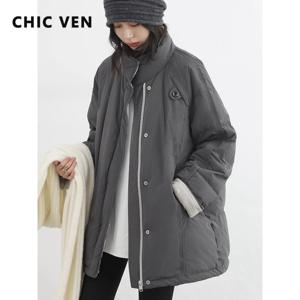 CHIC VEN 신상 여성 90% 화이트 덕다운 코트 롱 스탠드 칼라 다운 재킷 여성 방풍 따뜻한 아우터웨어 가을 겨울 2025