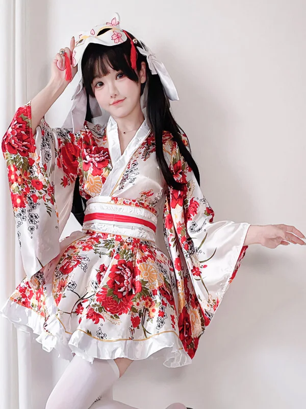 정장 전통 기모노 여름 꽃무늬 프린트 개선된 목욕 가운 세트 여성 코스프레 의상 중국 민족 무대 공연 의상