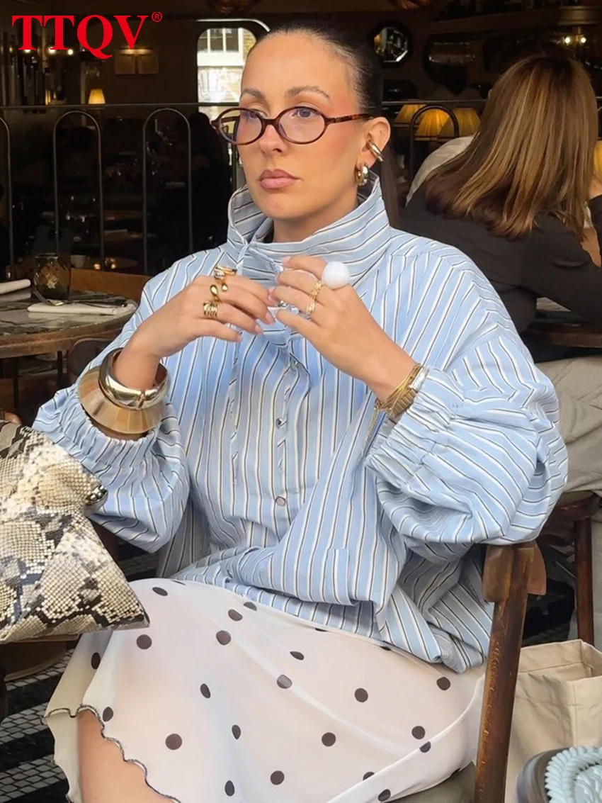 TTQV 패션 스트라이프 프린트 여성 셔츠 2026 봄 터틀넥 긴 소매 셔츠 우아한 클래식 탑 여성 의류 streetwear