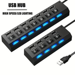7포트 USB 2.0 허브 LED 5Gbps 고속 멀티포트 USB 전원 어댑터 확장기 USB 스플리터 (스위치 포함) 노트북 컴퓨터 가정용