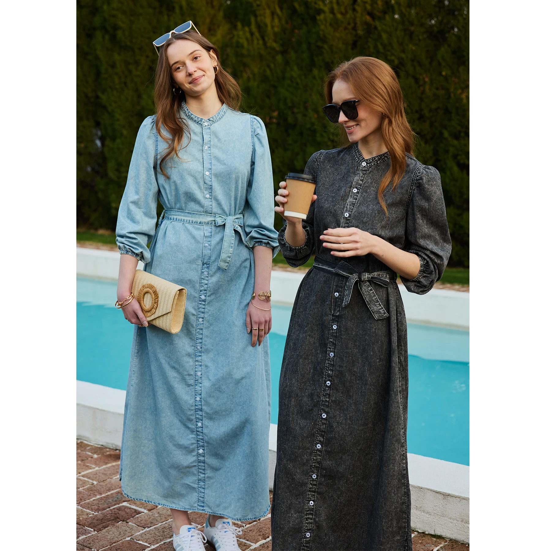 AP SS26 여성용 경량 데님 드레스 코튼 블랙 & 블루 맥시 드레스