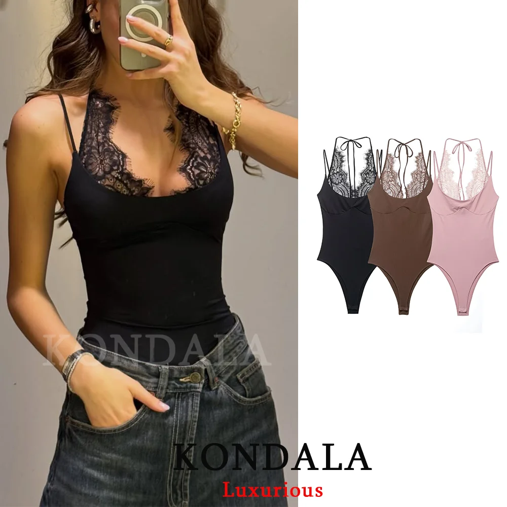 KONDALA 트렌디 파티 섹시한 여성 점프 슈트 패치 워크 레이스 홀터 백리스 바디 슈트 새로운 패션 2026 봄 여름 휴가 점프 슈트