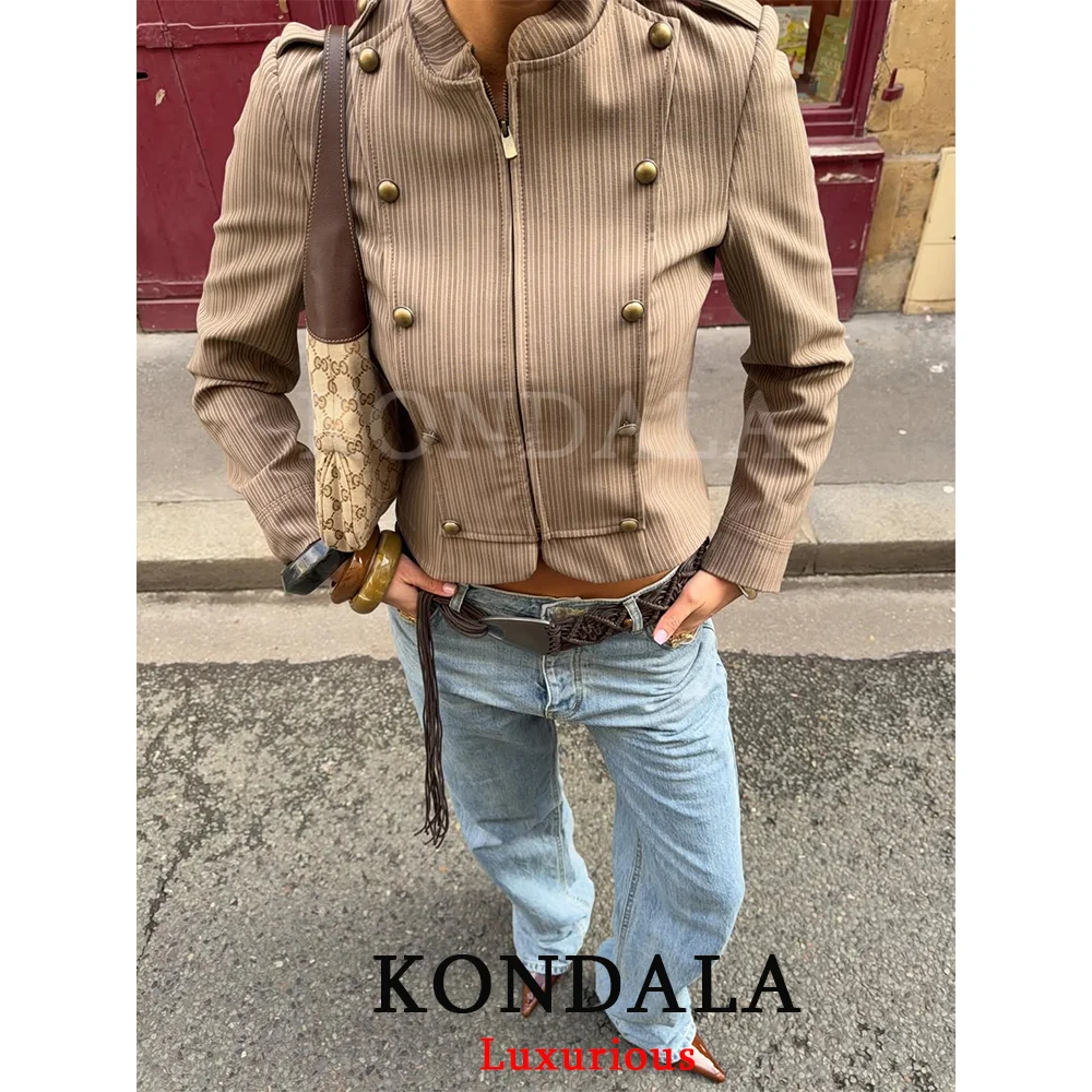KONDALA 하이 스트리트 캐주얼 시크 여성 블레이저 스트라이프 더블 브레스티드 슬림 블레이저 패션 2026 봄 오피스 홀리데이 블레이저