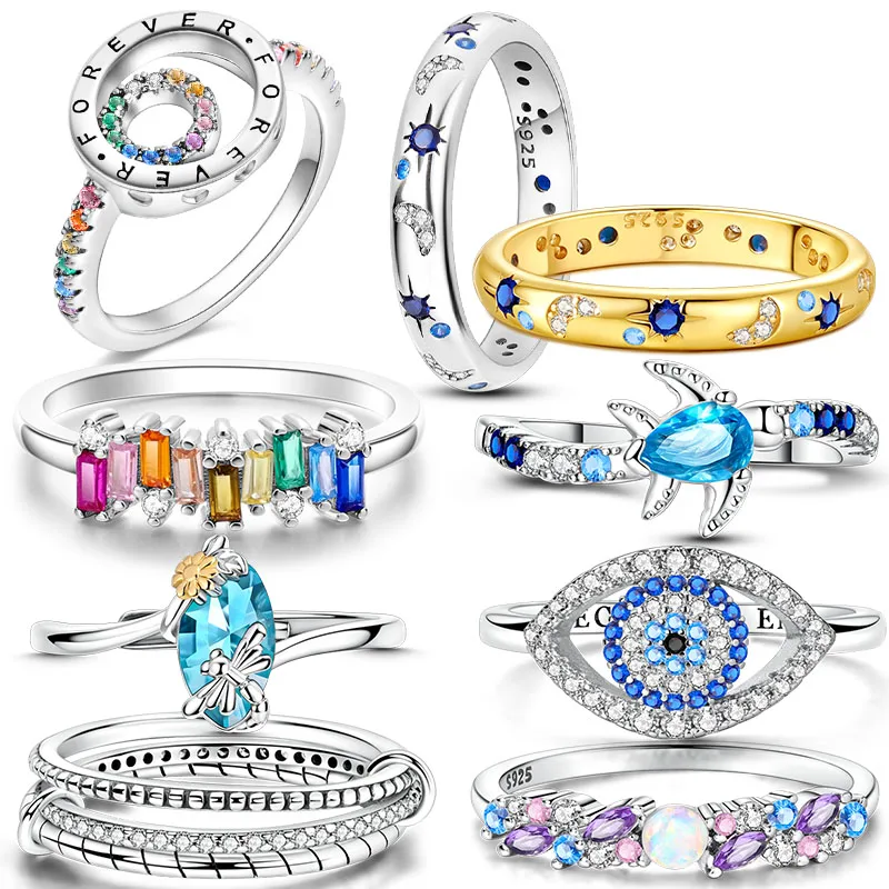 원래 디자인 925 스털링 실버 블루 지르콘 반지 맞는 여성 웨딩 웨딩 약혼 실버 선물