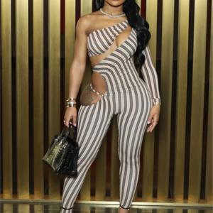 패션 여성의 섹시 할로우 점프 슈트 2025 봄 셔링 불규칙한 Hipster 클럽 줄무늬 인쇄 전체 슬리브 자정 파티 작업복