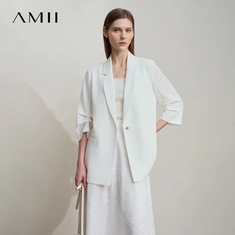 Amii 미니멀리스트 여성 블레이저 Mujer 2025 가을 새로운 솔리드 루즈 7부 소매 옷깃 버튼 통근자 정장 재킷 12512019