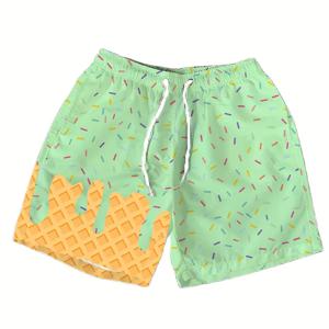 남자를위한 멀티 컬러 아이스크림 그래픽 비치 반바지 어린이 3d 인쇄 만화 하와이 수영 트렁크 여름 느슨한 보드 반바지