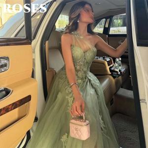 장미 녹색 댄스 파티 드레스 a 라인 레이스 파티 드레스 연예인 가운 민소매 한 어깨 웨딩 파티 드레스 여성용 맞춤형