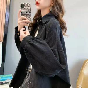 코듀로이 셔츠 여성용 루즈핏 긴팔 가을 겨울 아우터웨어 다용도 중국풍 스타일 폴로 칼라 버튼 디테일 폴리에스터 혼방
