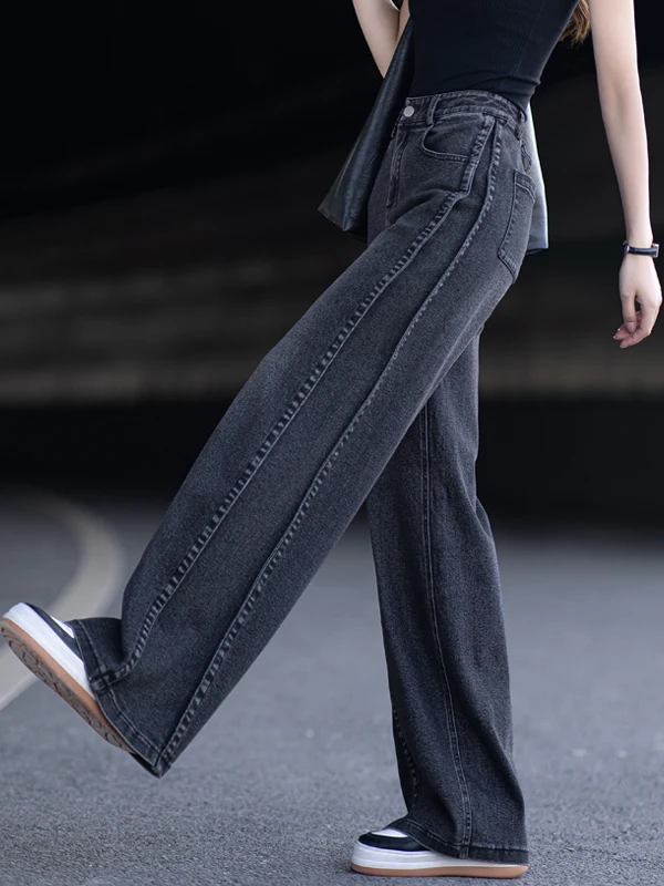 하이 웨이스트 와이드 레그 데님 팬츠 여성용 루즈하고 편안한 스트레이트 컷 바지 세련된 핏 봄 가을 신상품