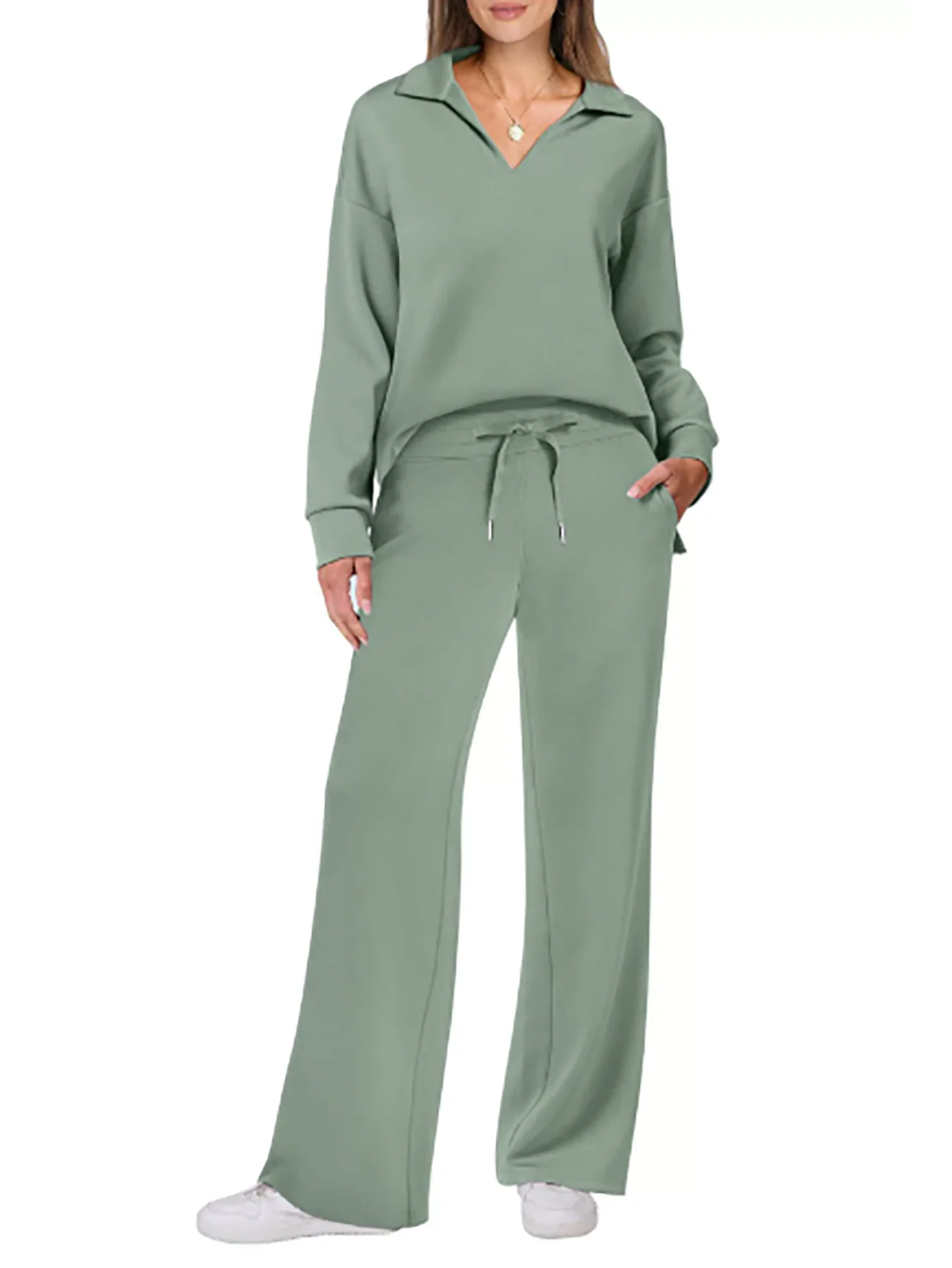 2025 유럽 및 미국 가을 겨울 신상 패션 캐주얼 여성 긴 소매 드로스트링 솔리드 컬러 출퇴근 팬츠 세트