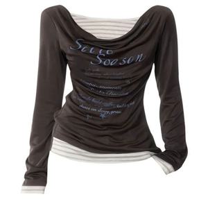 아메리칸 스타일 긴팔 티셔츠 여성 초가을 퓨어 레트로 레터 슬림핏 탑 스트라이프 스플라이싱 벨 칼라 페이크 투피스