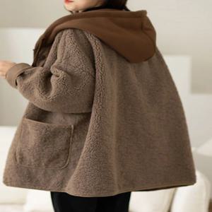 플러스 사이즈 푹신한 재킷 여성 가을 겨울 두꺼운 후드 루즈핏 파티클 벨벳 코트 한국 스타일 긴팔 하이웨이스트