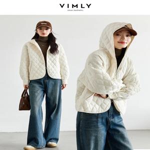 VIMLY 여성용 베이지 퀼트 퍼퍼 재킷 캐주얼 긴 소매 짧은 후드 파카 루즈 포켓 코트 2026 겨울 의류 M9530