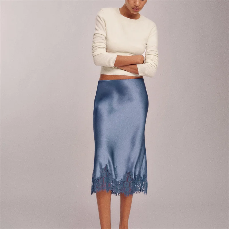 여성 우아한 미디 스커트 여름 하이웨이스트 레이스 새틴 트럼펫 스커트 여성 럭셔리 슬림 한국 패션 레이스 패치워크 스커트