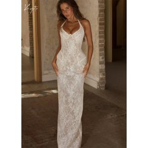 교토 맞춤형 오프화이트 레이스 민소매 웨딩 드레스 홀터넥 베스티도스 데 노이바 플로어-길이 머메이드 이브닝 드레스