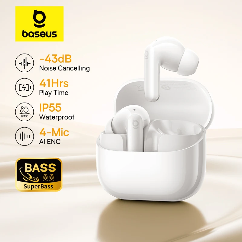 베이스어스 베이스 EP10 NC -43dB 노이즈 캔슬링 ANC 트루 와이어리스 이어버드 블루투스 6.0 인이어 무선 이어폰 4-마이크 ENC 이어버드