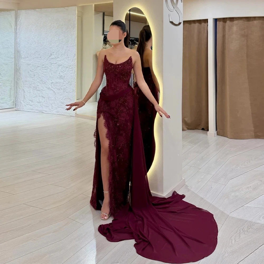 맞춤형 고급 시폰 레이스 스팽글 아플리케 A라인 스트랩리스 롱 드레스 맞춤형 행사 드레스 고품질 매칭