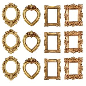 12개 빈티지 미니 사진 액자 우아한 골드톤 바로크 레진 벽걸이 디스플레이 케이스 웨딩 크리스마스 홈 데코