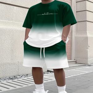 여름 그라데이션 컬러 운동복 티셔츠와 반바지 세트, 스타일리시한 남성용 속건성 운동 반팔 상의와 드로스트링 반바지