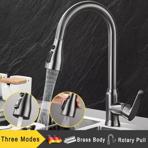 실버 풀아웃 주방 싱크 수도꼭지 두꺼운 황동 3모델 스트림 스프레이어 노즐 스테인리스 스틸 온수 냉수 믹서 탭