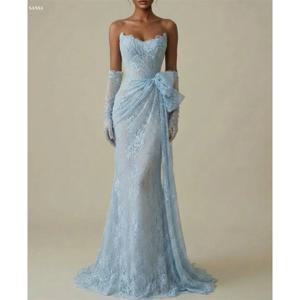 산사 맞춤형 베이비 블루 머메이드 플리츠 스트랩리스 프로미 드레스, 리본 레이스, 바닥 길이의 정장 이브닝 드레스 2026