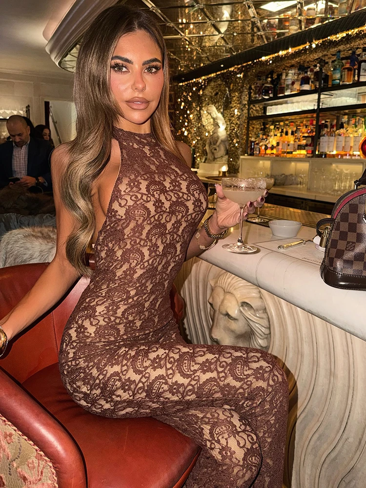 Mozision 레이스 백리스 섹시한 점프 슈트 여성 롬퍼스 홀터 오프 숄더 민소매 스키니 클럽 파티 점프 슈트 여성 의류