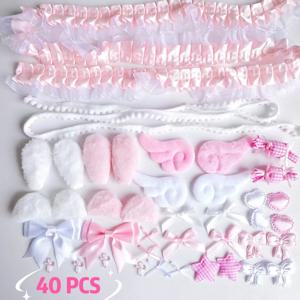 레이스 수제 재료 키트 40개, 레이스 플러시 토끼 귀, 천사 날개 액세서리, 의류 액세서리, 하트와 별 세트
