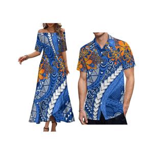 신상 오프숄더 롱 드레스 커스텀 로고 폴리네시안 트라이벌 프린트 반팔 플러스 사이즈 여성 캐주얼 파티 하와이 드레스