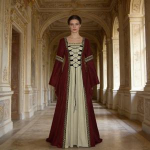 여성 고딕 레트로 롱 드레스 스퀘어 칼라 플레어 슬리브 레이스업 슬림핏 롱 드레스 데일리 캐주얼 및 파티 행사 의류