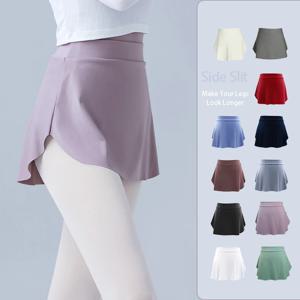 여성 사이드 스플릿 댄스 스커트 성인 다목적 a 라인 스커트 요가 피트니스 테니스 착용 신축성있는 허리 밴드 발레리나 드레스 확대