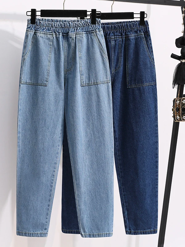 플러스 사이즈 데님 바지 하이 웨이스트 스트레이트 레그 여성 봄 패션 슬리밍 롱 팬츠 캐주얼 하라주쿠 스타일 청바지