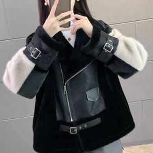 새로운 가을 겨울 퍼 원 모터사이클 숏 재킷 아우터 여성용 스티칭 배색 유럽 밍크 플리스 모터사이클 코트