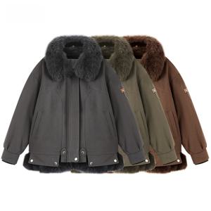 에탐 2024 겨울 신상 여성용 인조 퍼 재킷 리얼 폭스 퍼 칼라 탈부착 가능 가죽 퍼 일체형 숏 퀼팅 코트