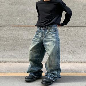 레트로 아메리칸 하이 스트리트 와이드 레그 청바지 남성 여성 루즈핏 스트레이트 워싱 데님 팬츠 빈티지 스타일 캐주얼 바지