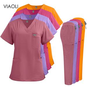 브이넥 스크럽 상의 스트레이트 팬츠 유니폼 세트 의료 간호사 유니폼 병원 치과 작업복 약국 작업복 포켓 수트