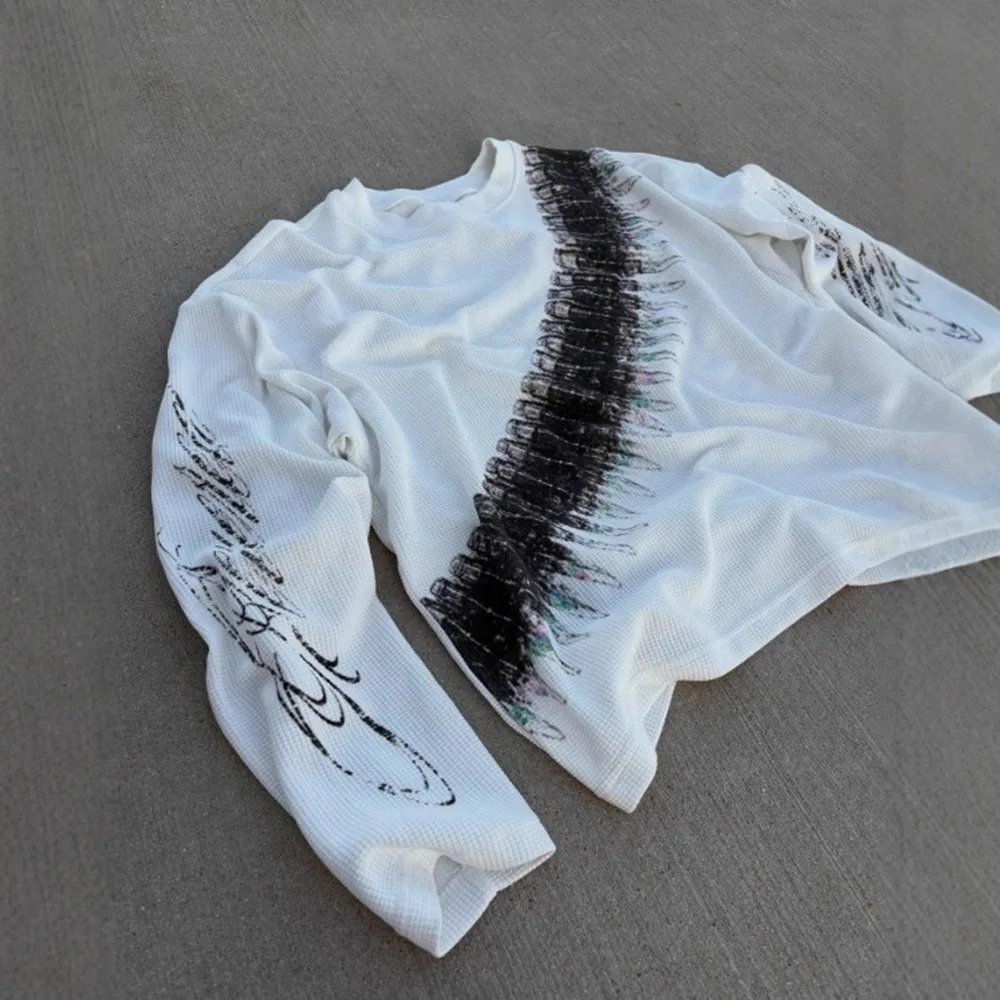 스트리트 루즈 프린트 풀오버 와플 긴팔 티셔츠 남성용 아메리칸 캐주얼 라운드넥 탑